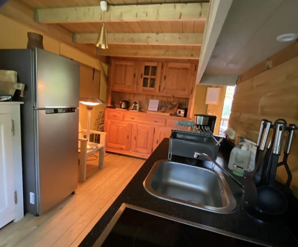 Perrine & Nanau's Lodge | Private kitchen | Full-size fridge, microwave, oven, stovetop