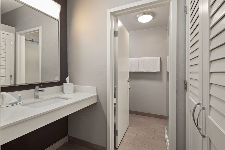 Combined shower/tub, eco-friendly toiletries, hair dryer, towels