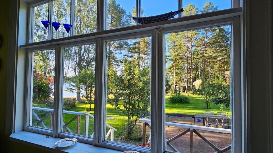 Looking out from cottage verandah window to garden and sea