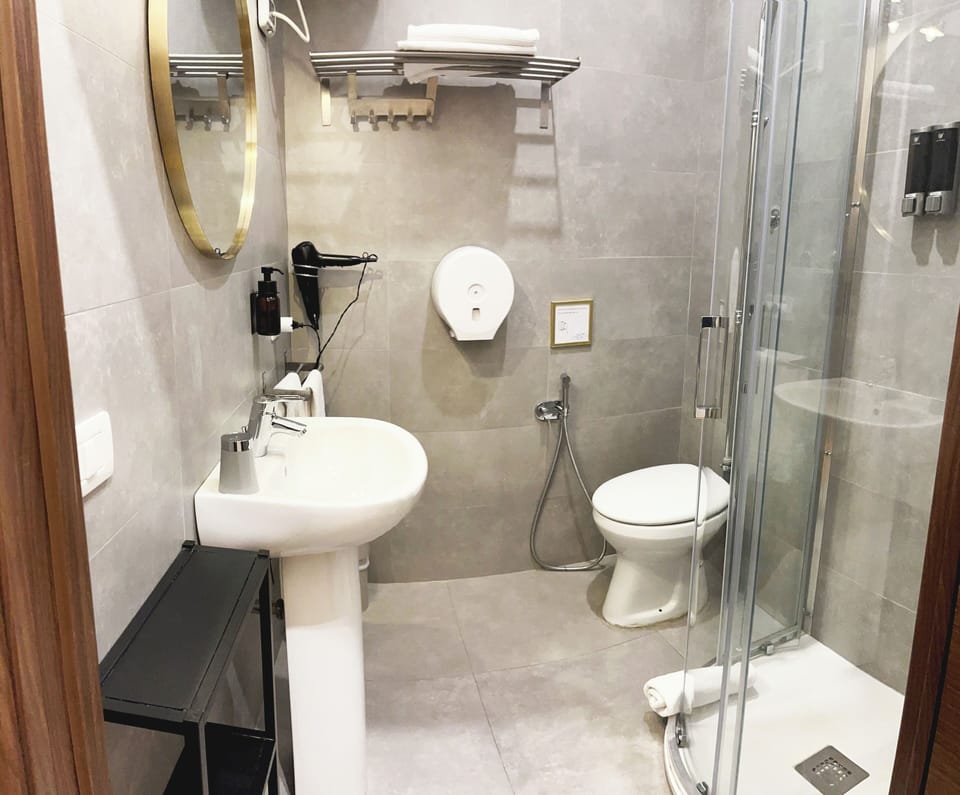 Shower, hydromassage showerhead, free toiletries, hair dryer