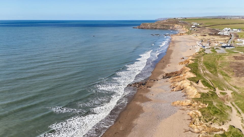 Aerial beach view of Widemouth Bay near Llawnroc