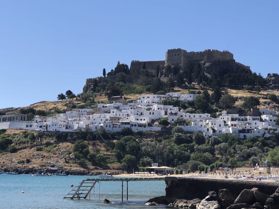 View of Lindos and Acropolis from Main Beach