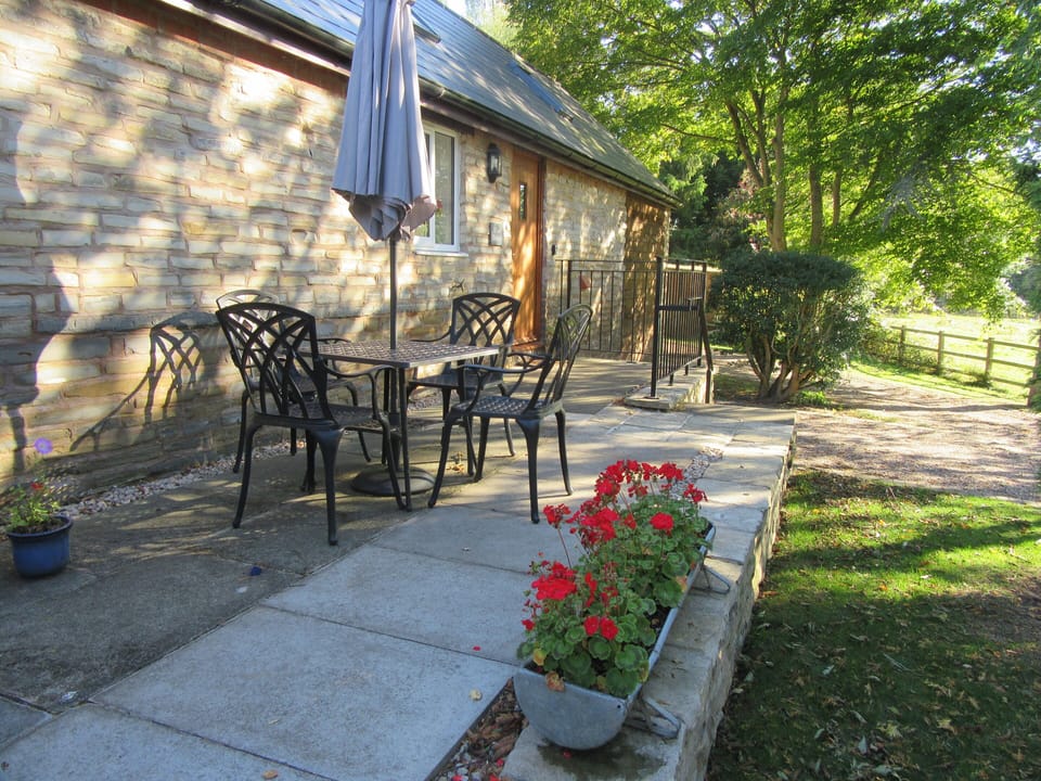 Patio by front door and barbecue area
