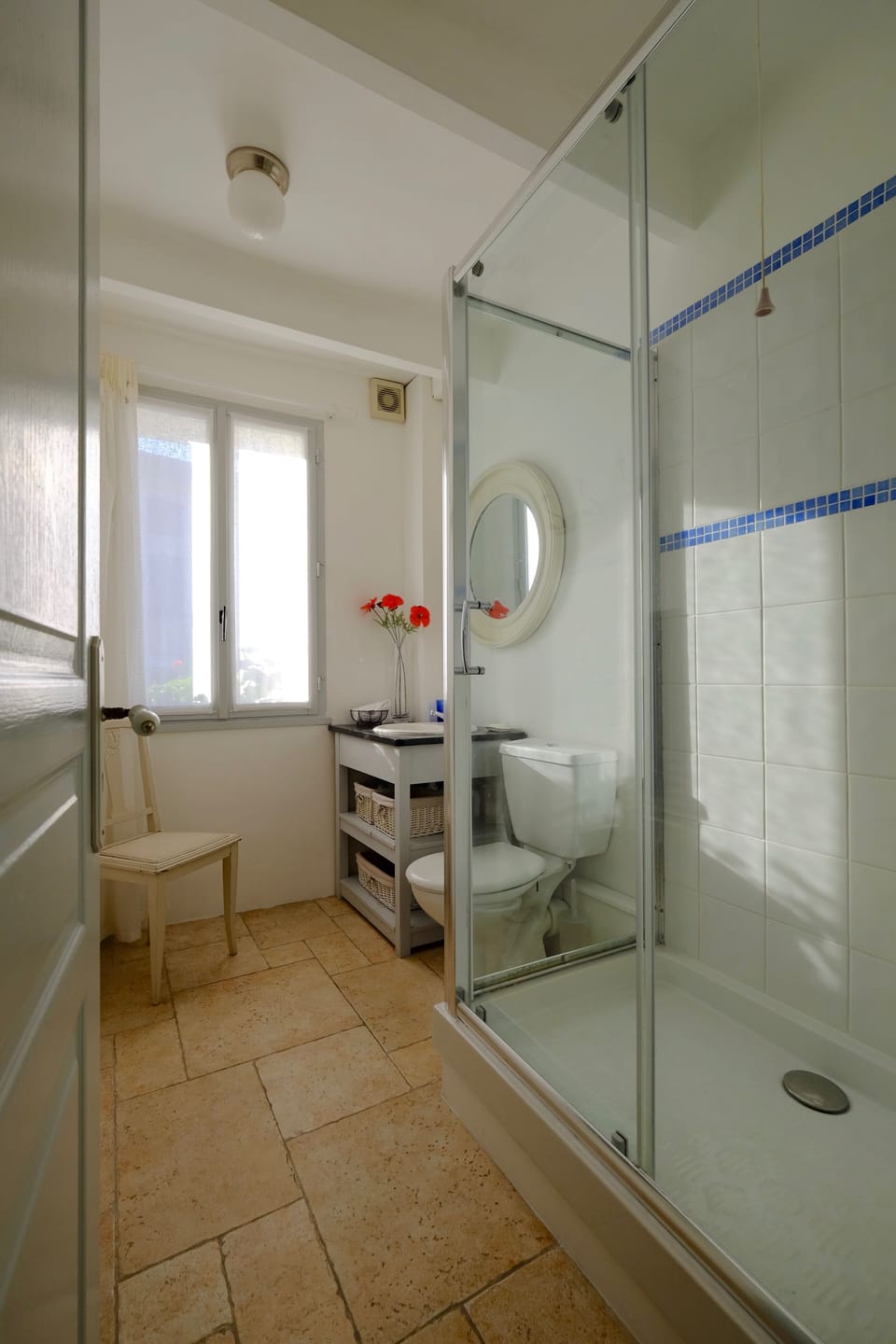 Shower room, with electric towel rail.