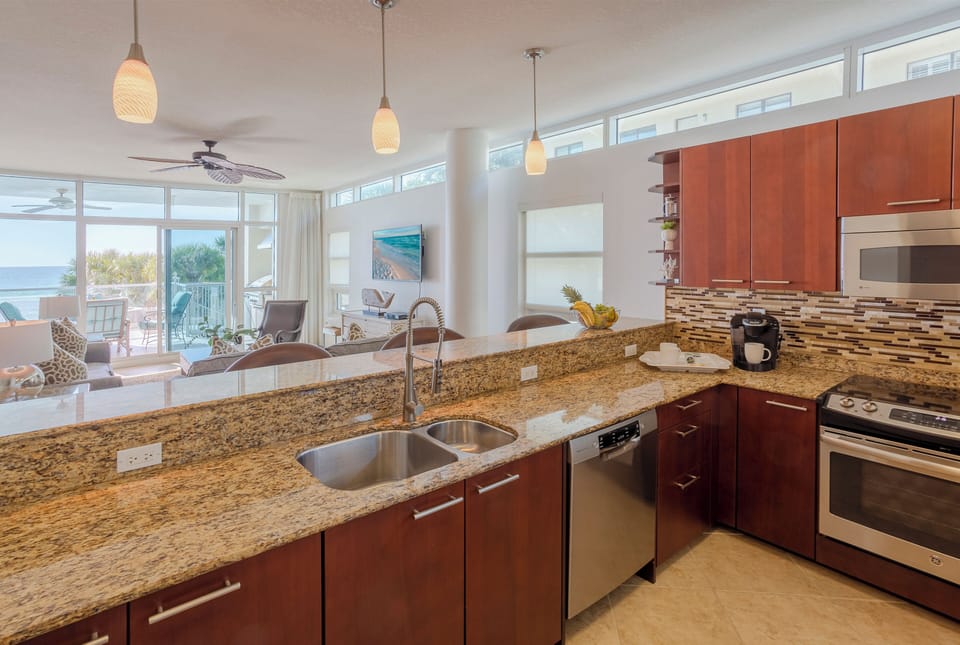 Fully stocked kitchen with plenty of counter space to cook and converse
