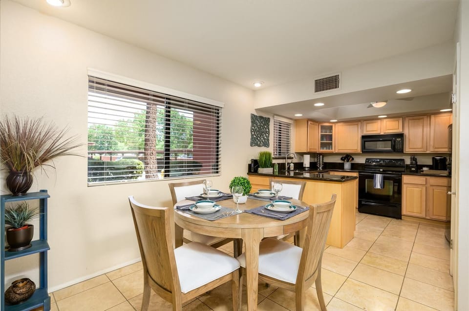 Bright dining area and kitchen.