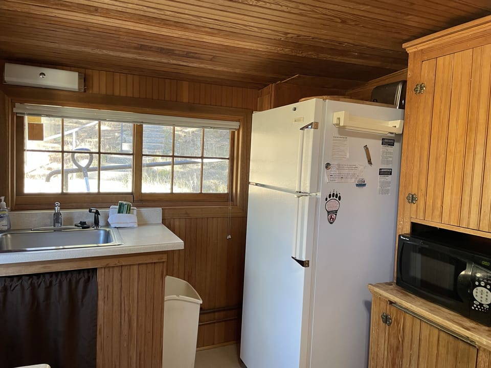 Original kitchen w/fridge, microwave & toaster oven. 