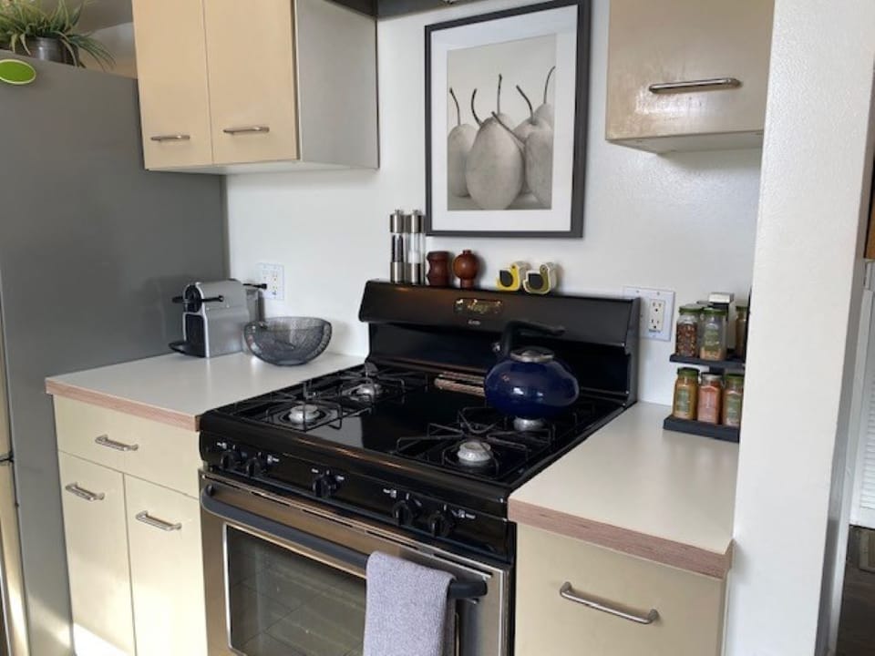 Kitchen oven with Nespresso maker and spices.