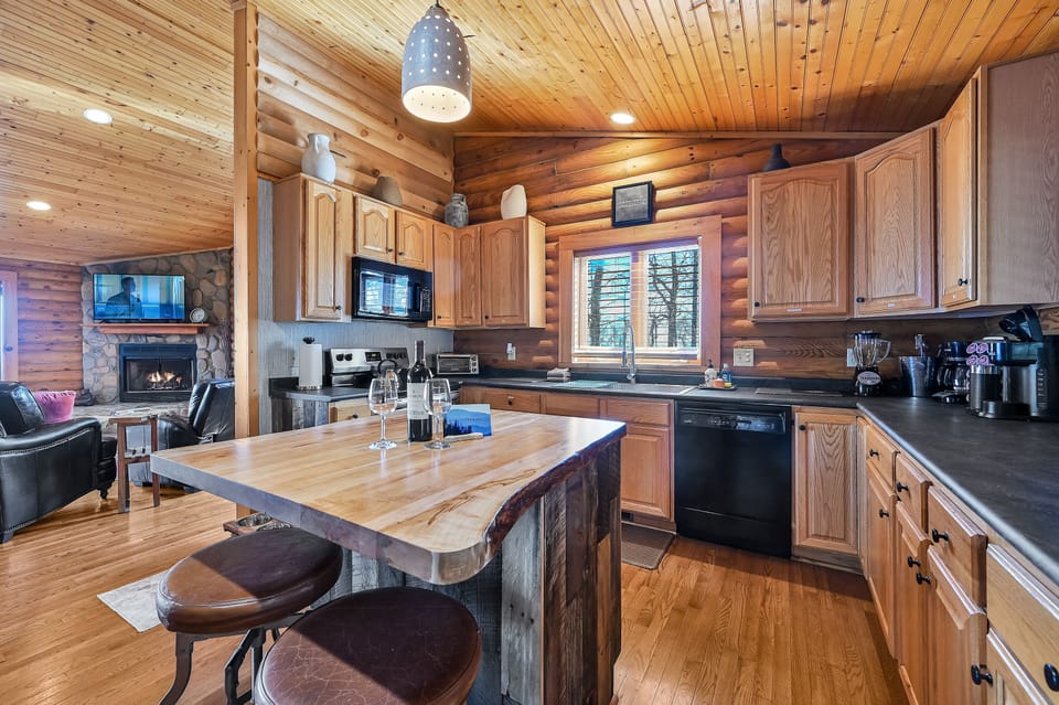 View of kitchen into living room