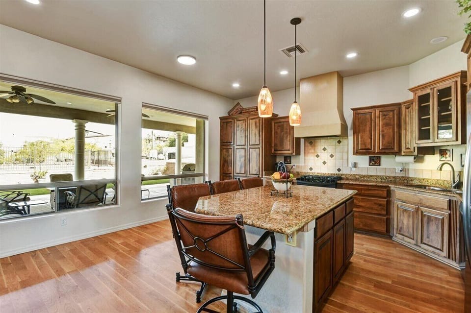 Kitchen with views to rear patio and foothills
