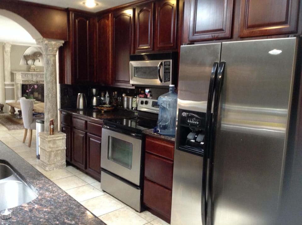 kitchen with all kinds of dishes for preparing meal like at your own home. 
