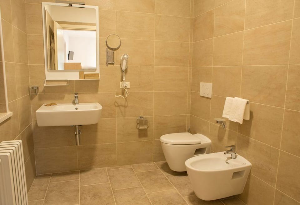 Shower, rainfall showerhead, bidet, towels
