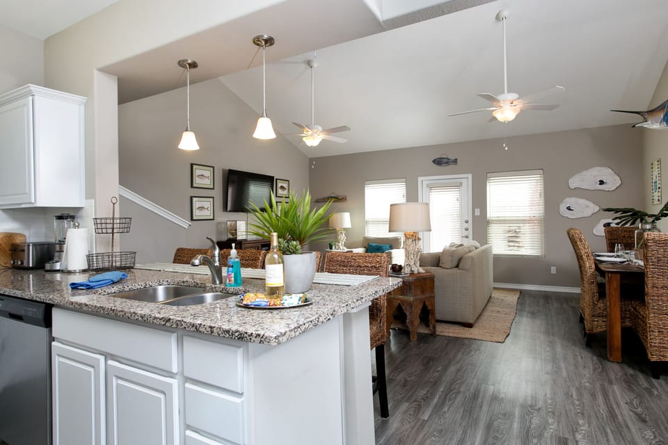 Kitchen area looking into Living and Dining area