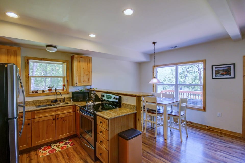 Full kitchen with dishwasher.  Most of the cooking supplies you'll need is here.