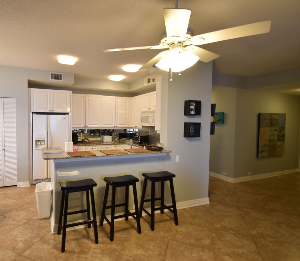View from sofas to kitchen