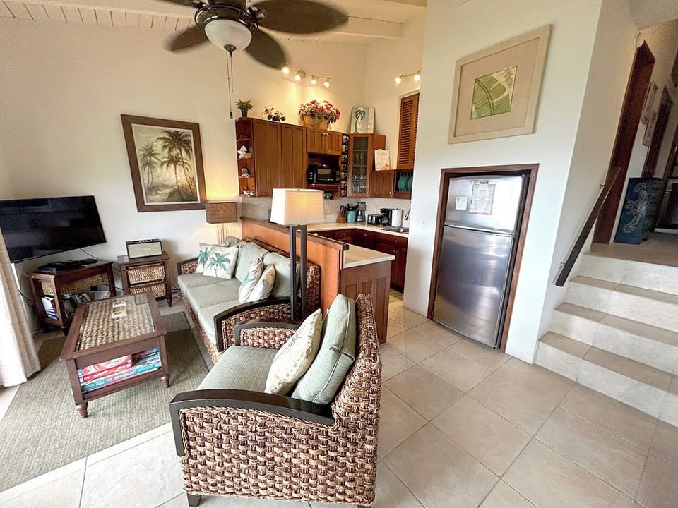 Looking at the living room and kitchen from the dining alcove