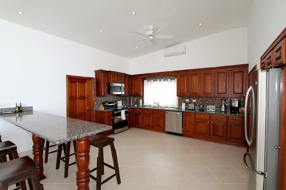 Modern Kitchen with Belizean Harwood and breakfast bar.