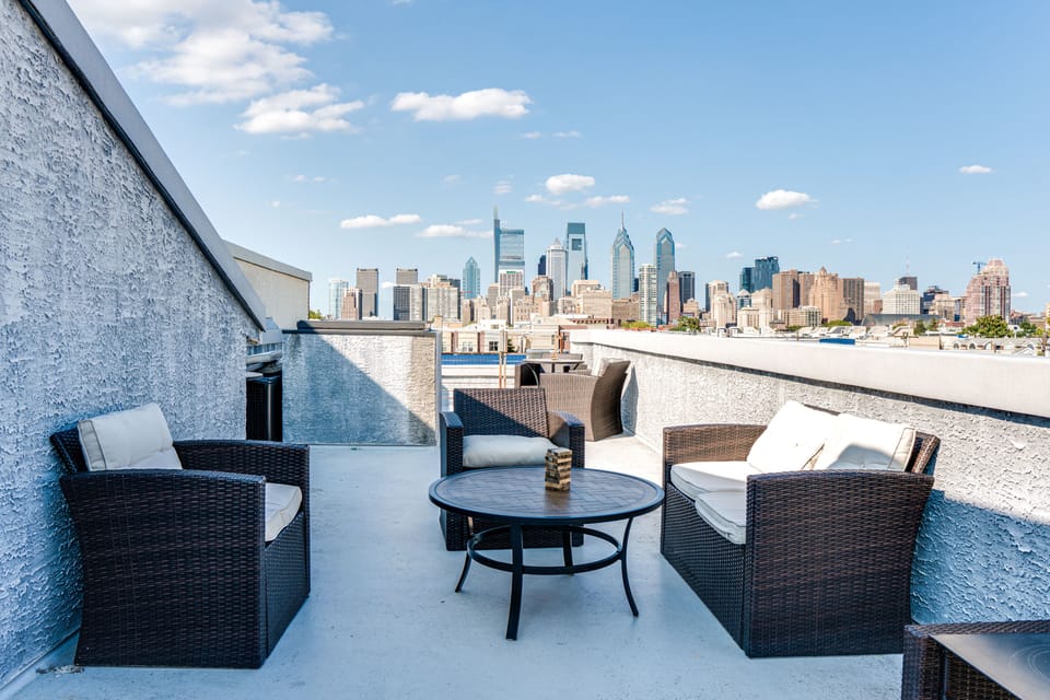Large rooftop deck with amazing city views and plenty of seating.
