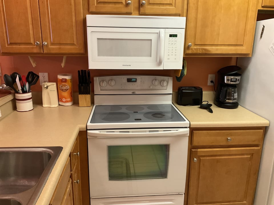 Coffee pot, toaster, microwave, range