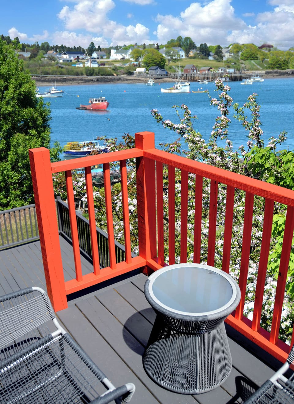 The red "crow's nest" has 180 degree views of Moosabec Cove.