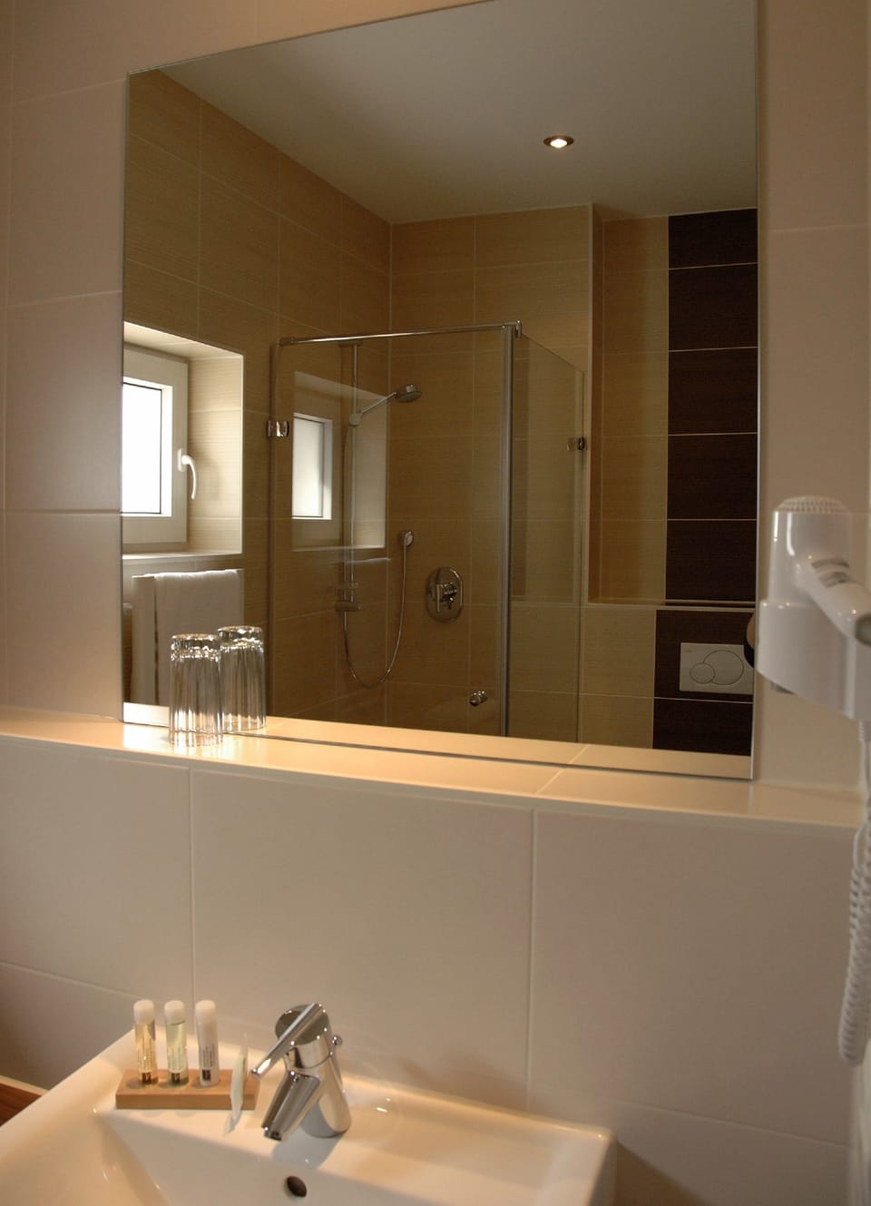 Shower, hair dryer, towels