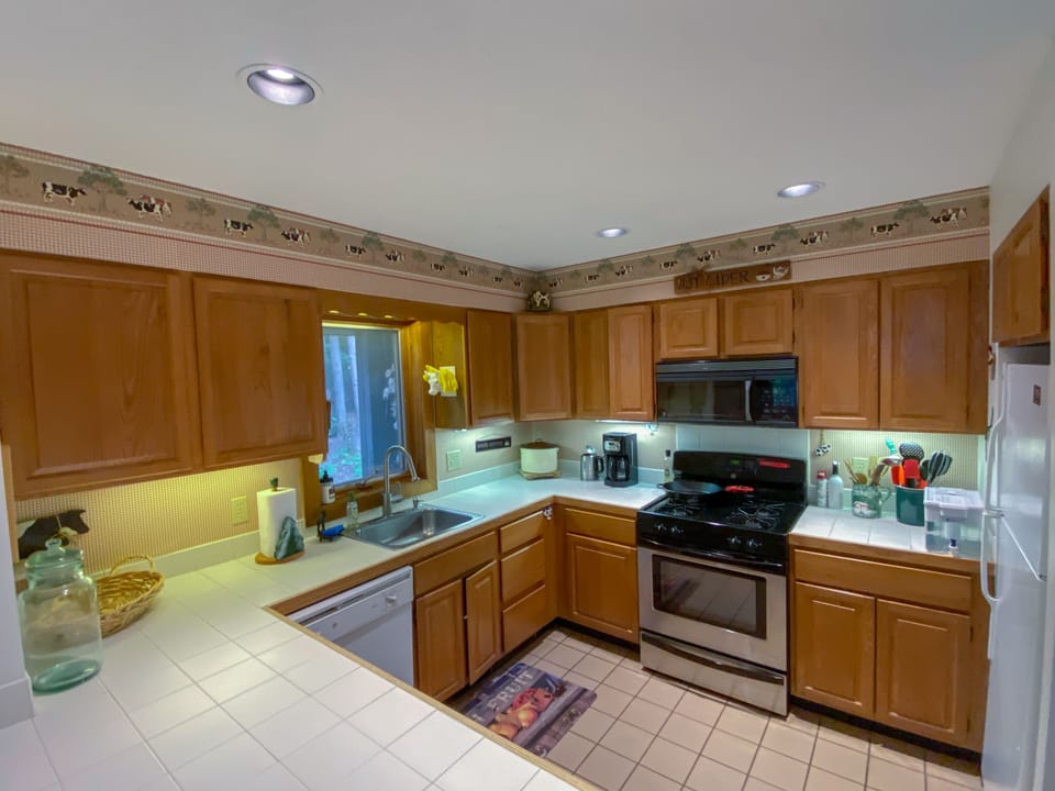 Lots of counter space and all the cooking supplies you need to prepare meals