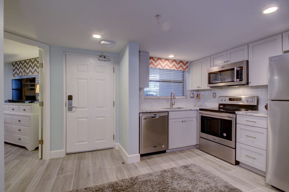 View of kitchen area from living area.