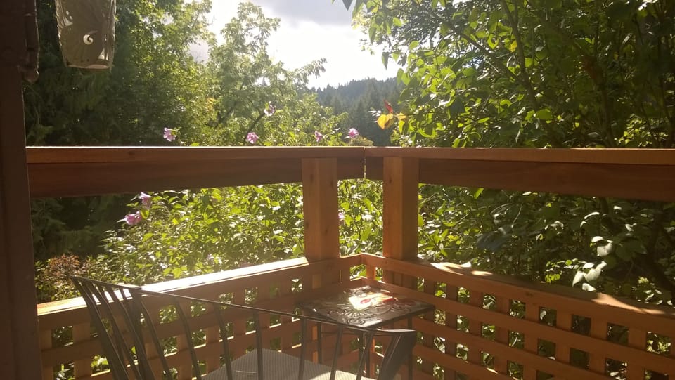 Garden room private deck looking to Council Crest.  Deck seats two.