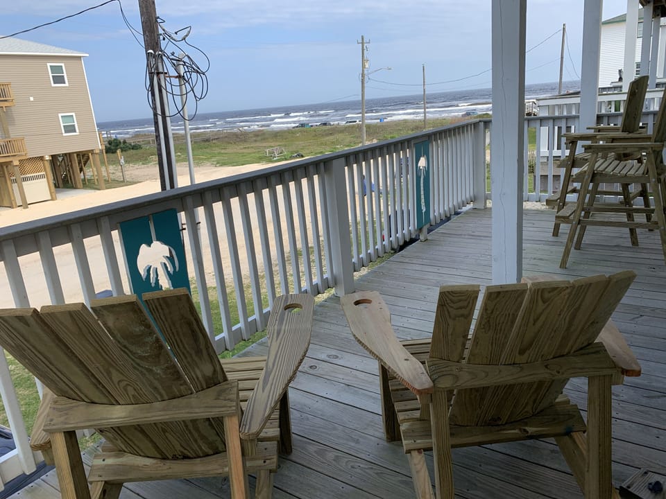 Front deck.   Updated with hand made Adirondack chairs.  