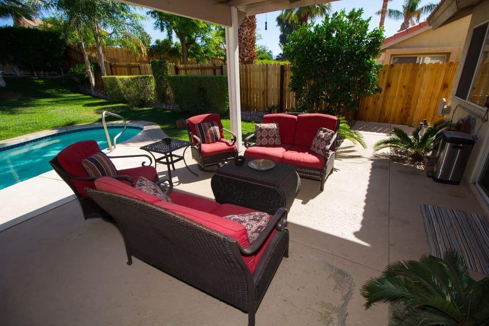 Patio sitting area with Orange tree 