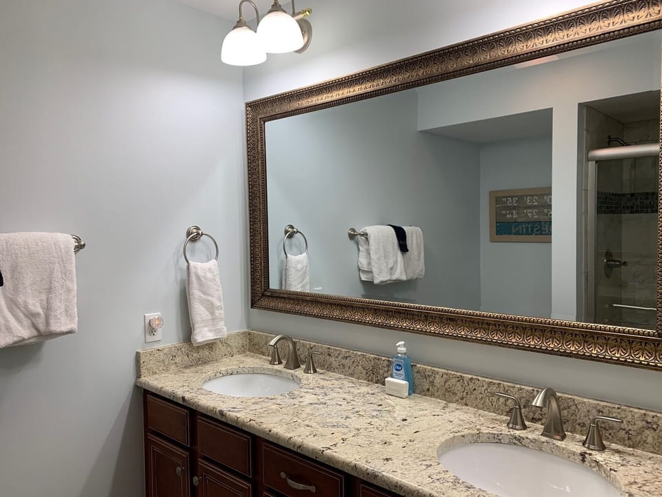 Master bath with double sinks and large countertop