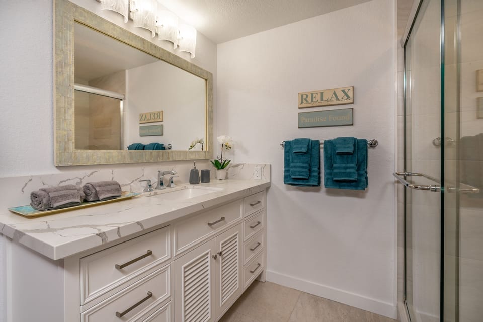 Spa like, beachy bathroom