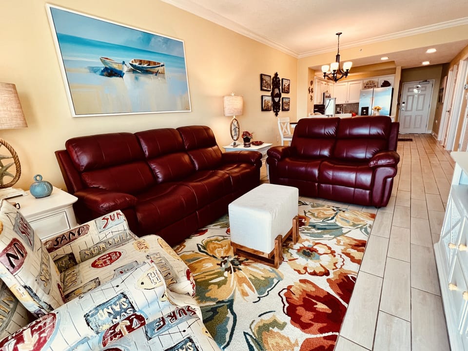 Living area with reclining sofa.