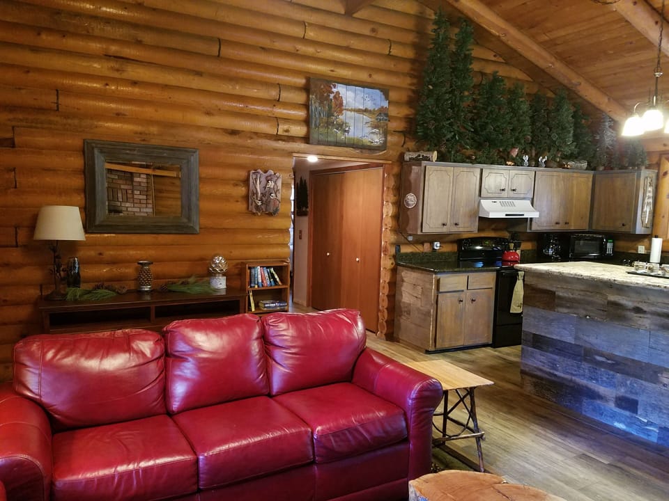 view from the fireplace of the front entry and kitchen and one couch