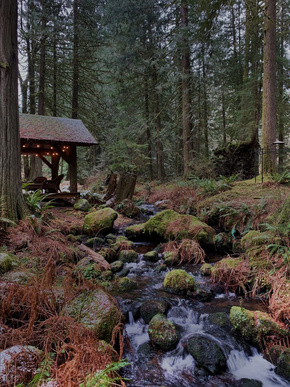Gazebo sits on the junction of two flowing creeks
