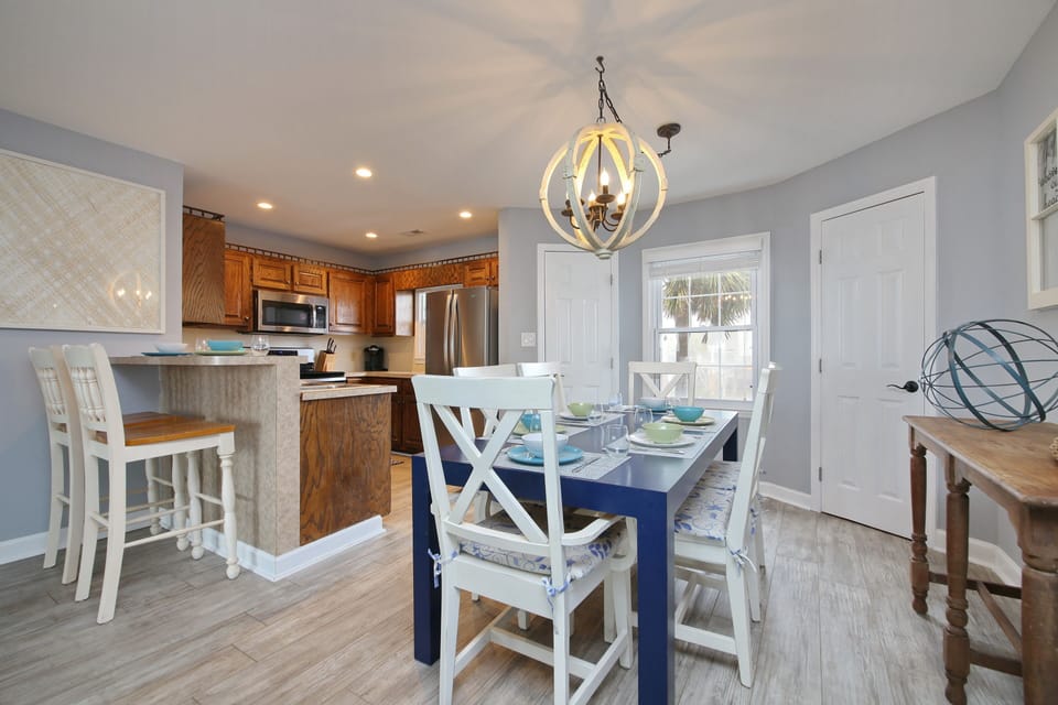 Dining room table and kitchen area