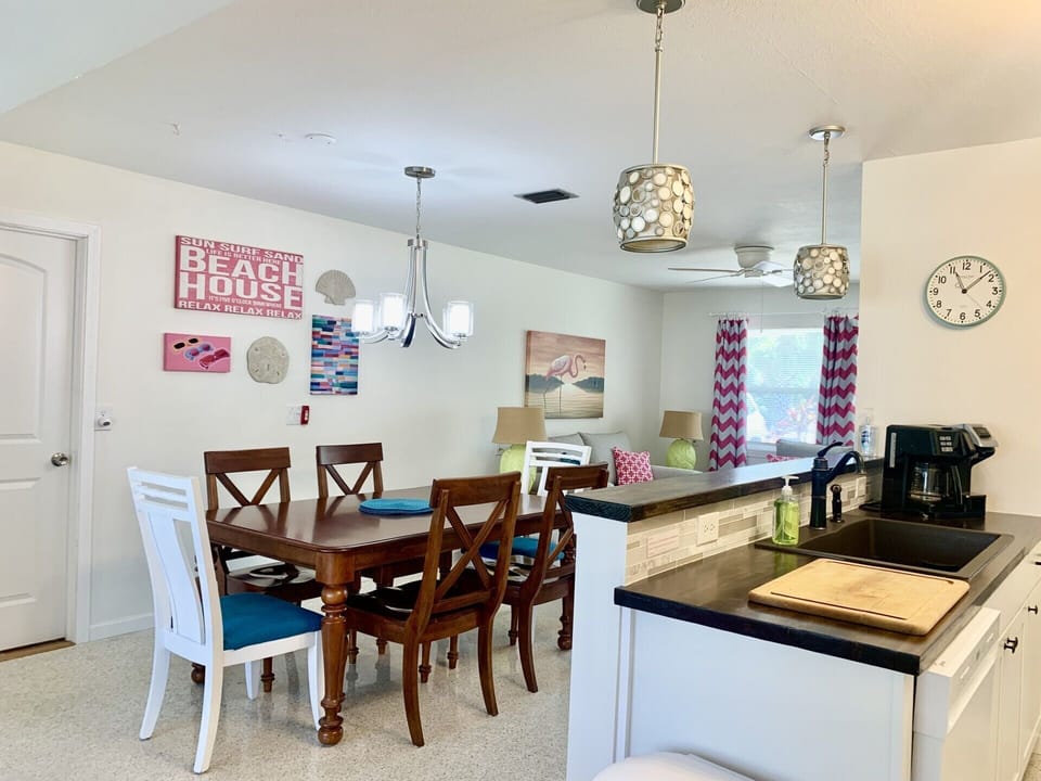 Kitchen opens onto dining area