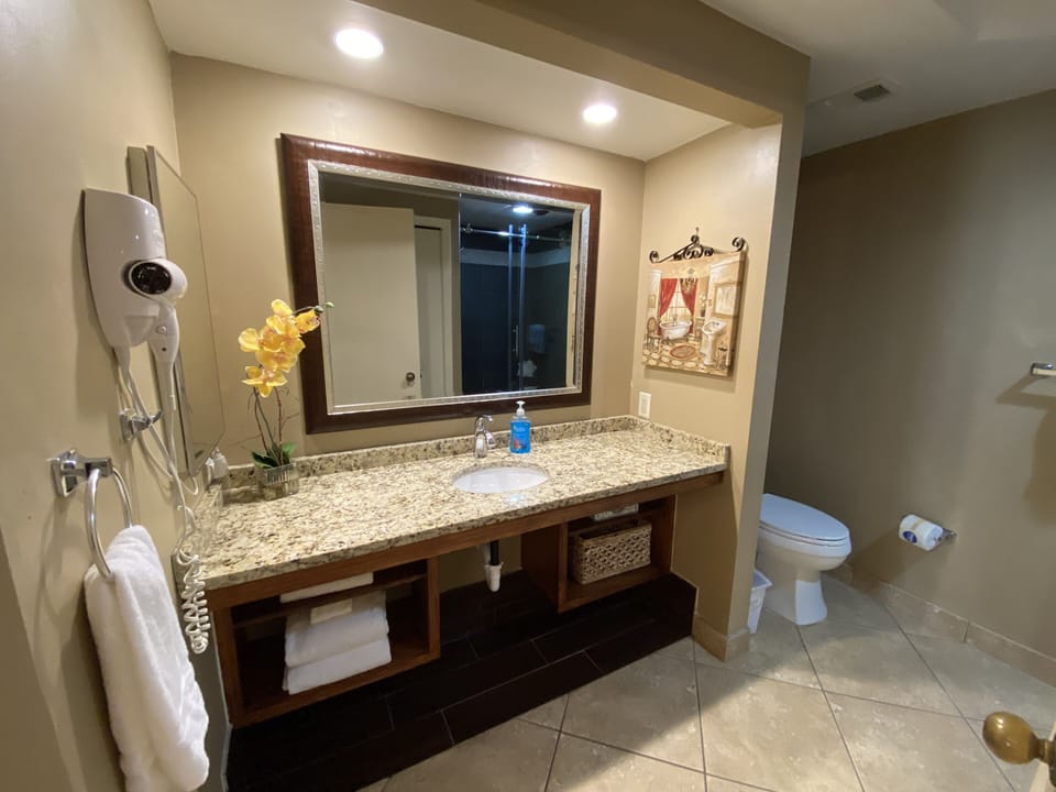 Our master bathroom suite features granite countertops and a walk in shower