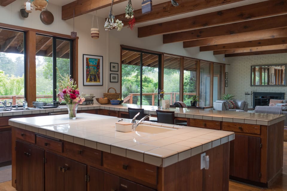 Kitchen island looking out towards the living room & South deck