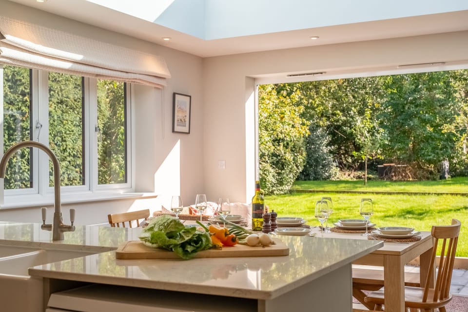 Breakfast bar looking out across the garden