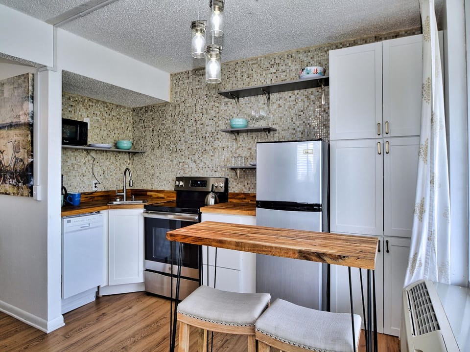 Brand new kitchen with butcher block counters.