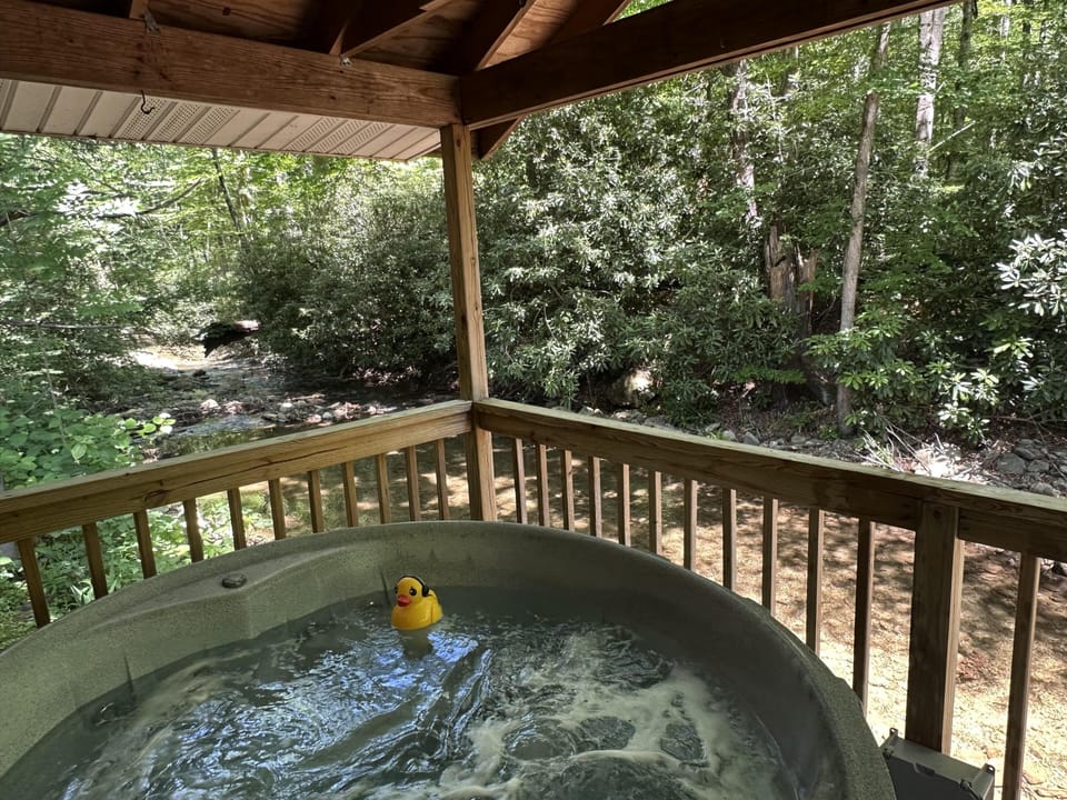 Bubbling hot tub with a rubber duck under a wooden roof, overlooking a shaded creek and green foliage.