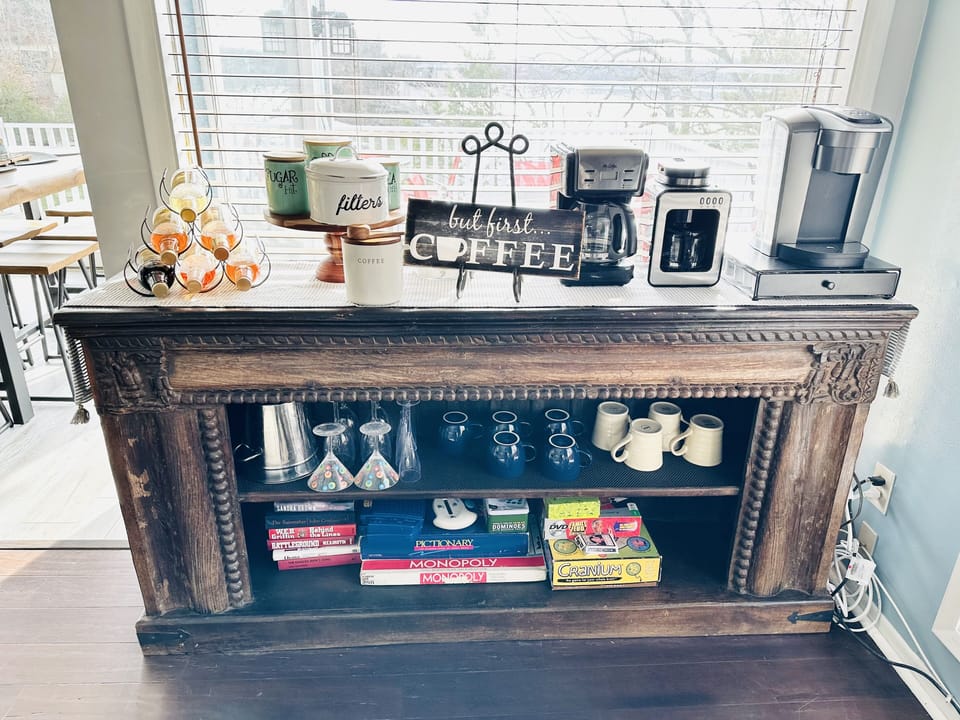 Fully stocked coffee bar, tea bar and basic bar essentials for cocktails