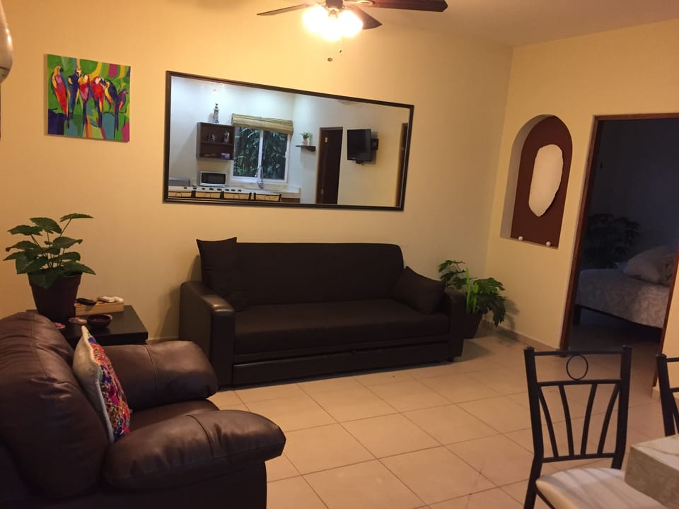 Living room, couch with trundle bed, local art