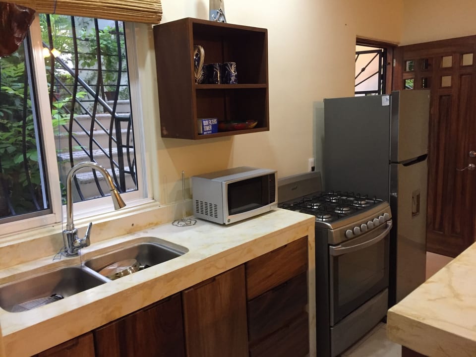 Kitchen, fully equipped, view out the window into gardens