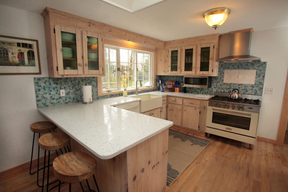 Updated Commercial Kitchen, Nantucket Farm  Sink, SeaGlass Quartz Countertop