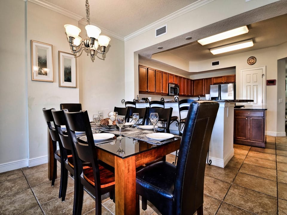 Dining table has seating for 8 guests.