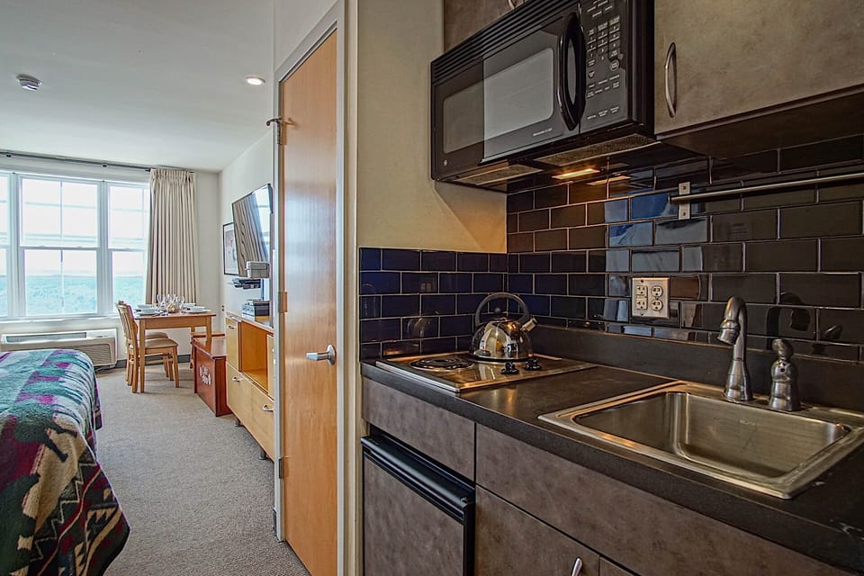 Kitchenette, counter top stove, mini refrigerator and microwave.