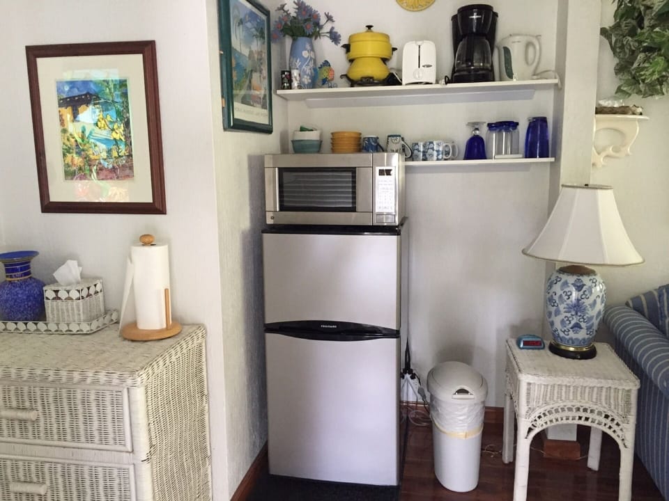 Sunshine Suite fridge, microwave, coffee maker, hot plate, cups/plates, & more
