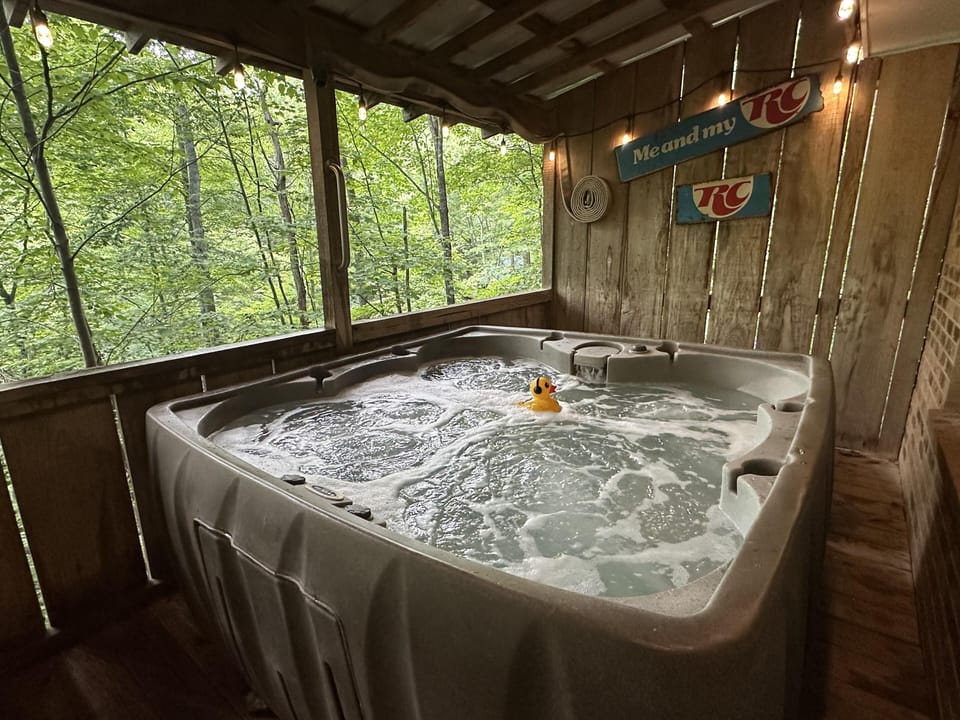 Bubbling hot tub with a small rubber duck, surrounded by rustic wood walls and forest views through screened windows.
